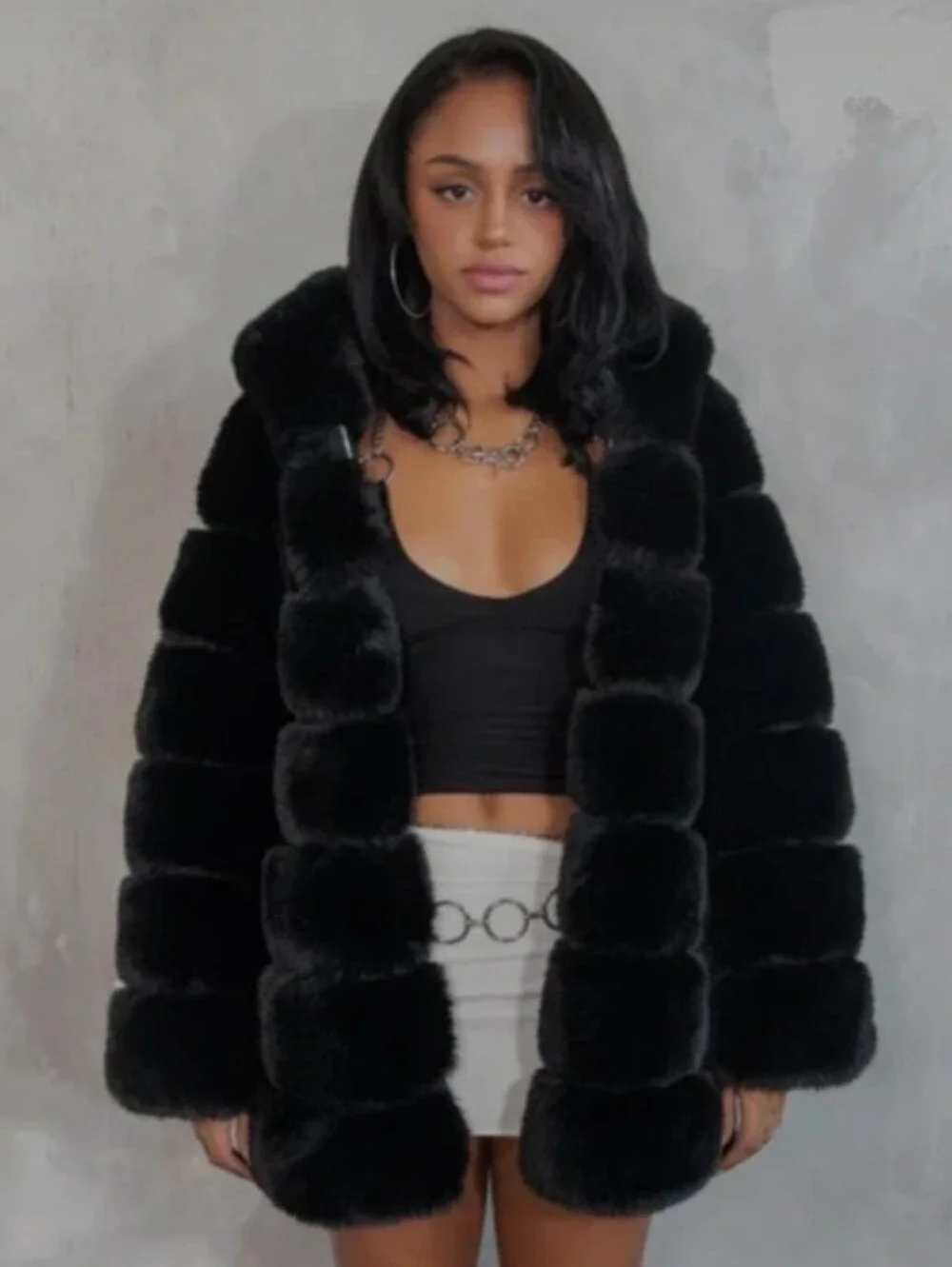 Disco Disiac Black Vegan Fur Hooded Coat with Red Lining - Women's Jacket